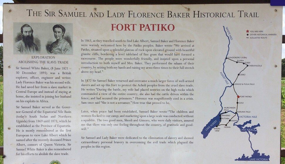 Interpretation board on the Sir Samuel and Lady Florence Baker Historical Trail at Fort Patiko